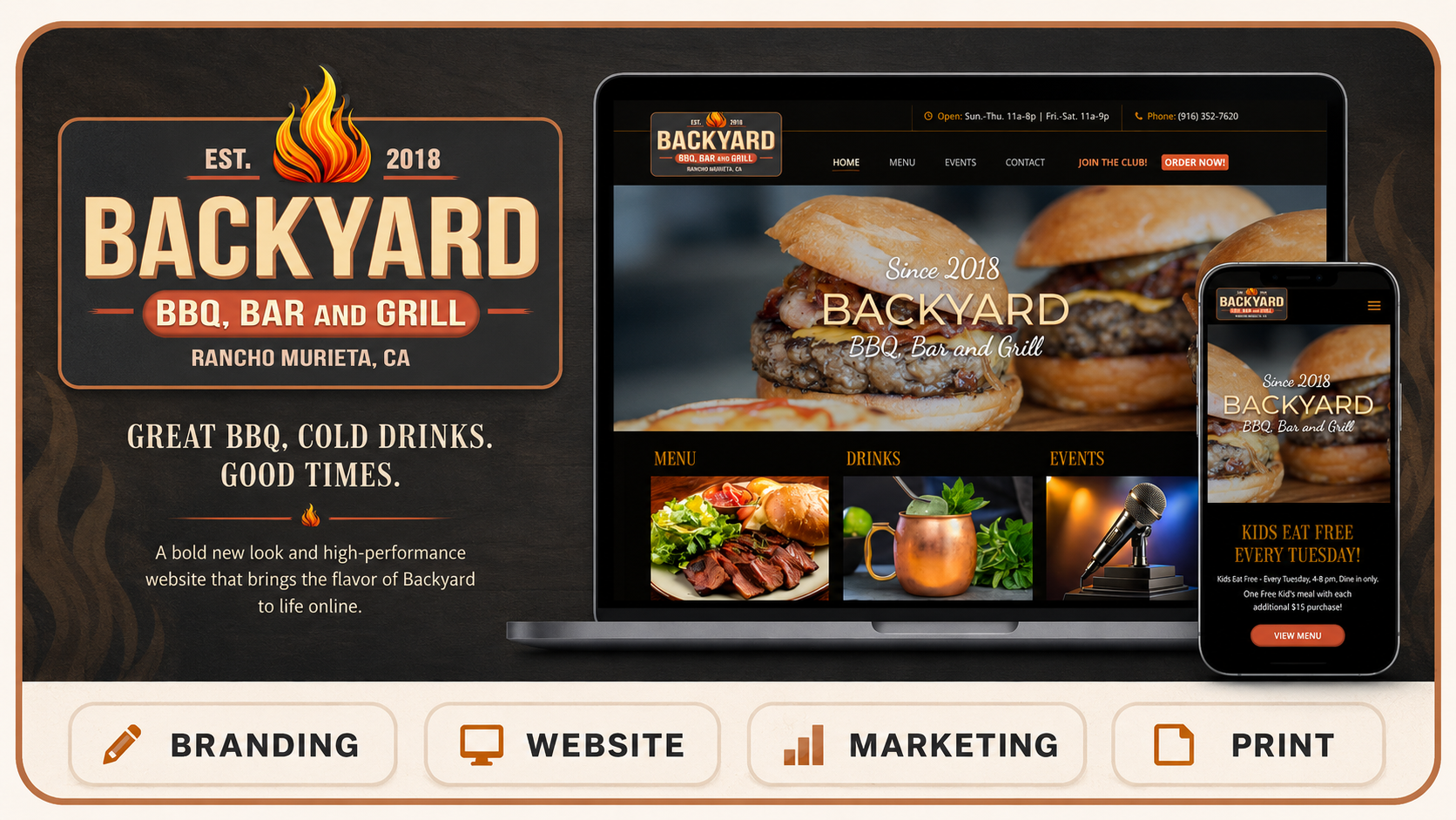 The Backyard BBQ Bar and Grill branding and website mockup